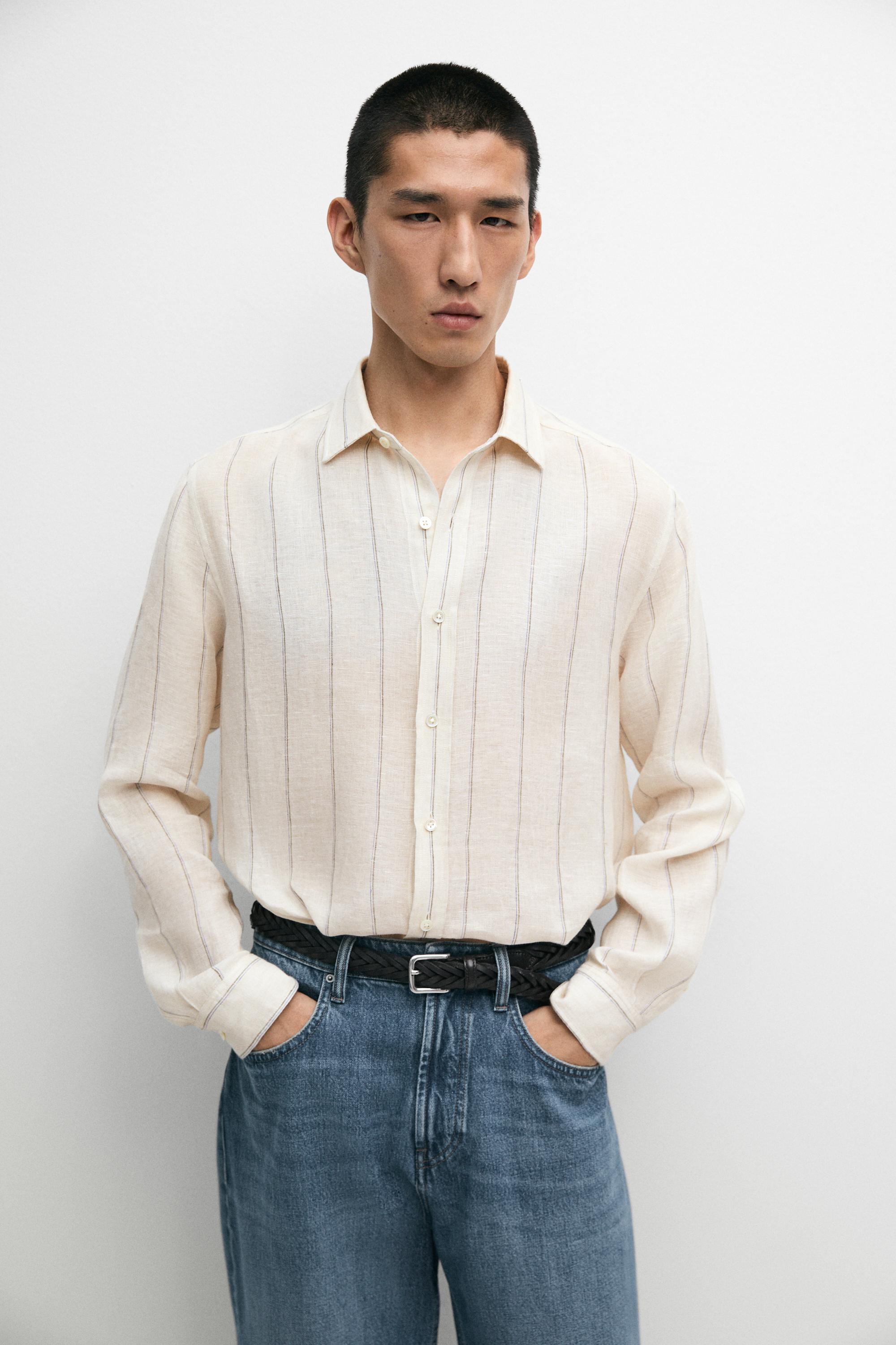100% linen regular fit striped shirt